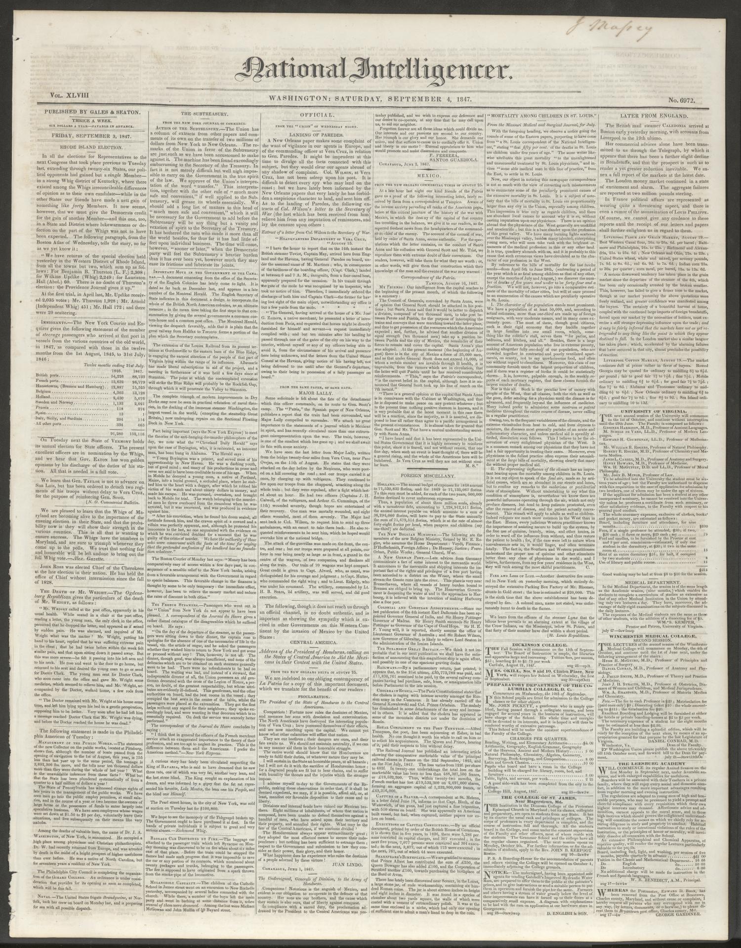 National Intelligencer. (Washington [D.C.]), Vol. 48, No. 6972, Ed. 1 Saturday, September 4, 1847
                                                
                                                    [Sequence #]: 1 of 4
                                                