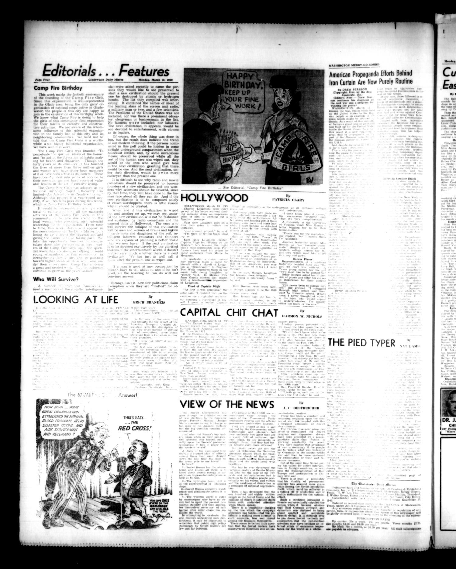 Gladewater Daily Mirror (Gladewater, Tex.), Vol. 1, No. 214, Ed. 1 Monday, March 13, 1950
                                                
                                                    [Sequence #]: 4 of 8
                                                