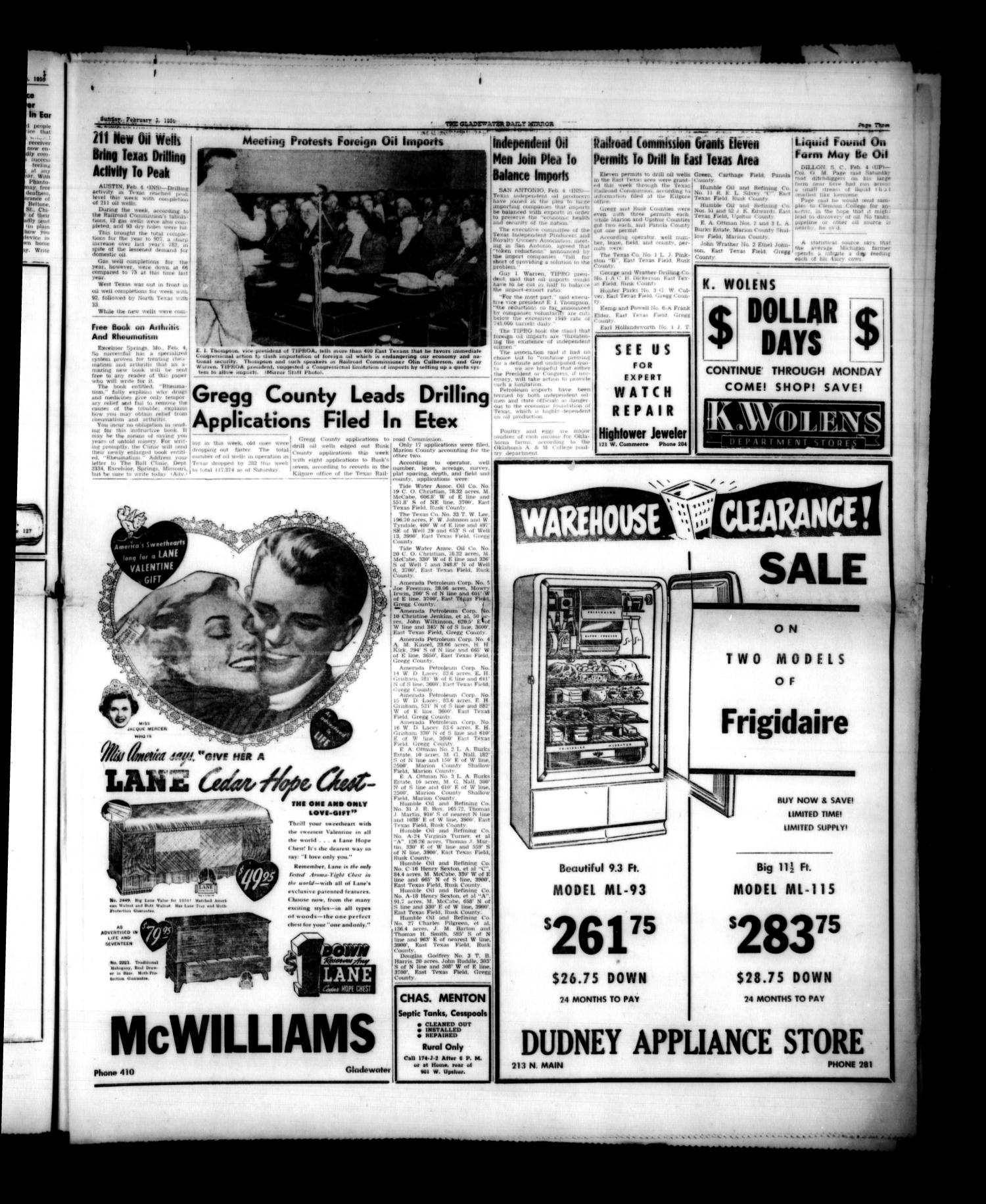 Gladewater Daily Mirror (Gladewater, Tex.), Vol. 1, No. 184, Ed. 1 Sunday, February 5, 1950
                                                
                                                    [Sequence #]: 3 of 14
                                                