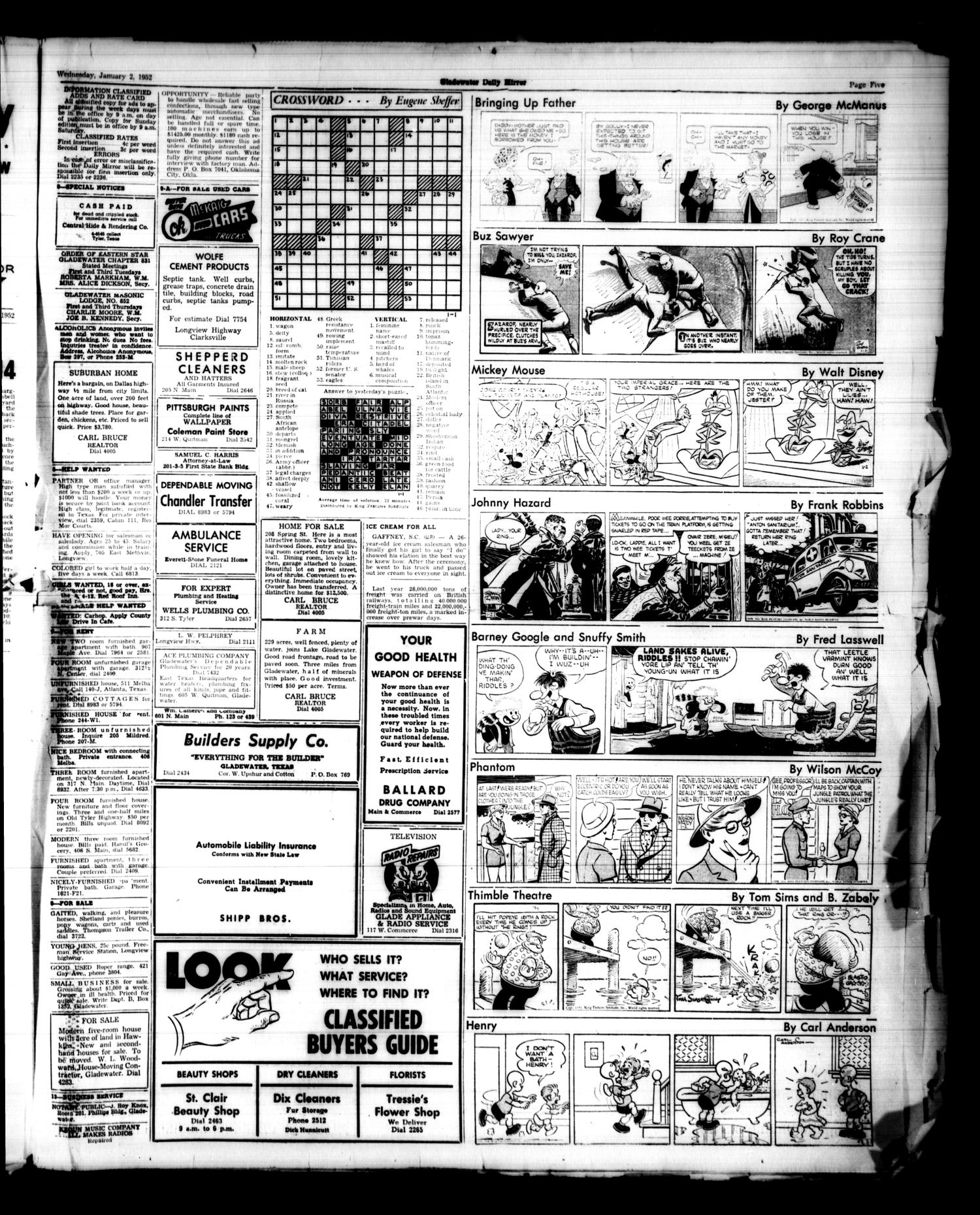 Gladewater Daily Mirror (Gladewater, Tex.), Vol. 3, No. 140, Ed. 1 Wednesday, January 2, 1952
                                                
                                                    [Sequence #]: 5 of 6
                                                