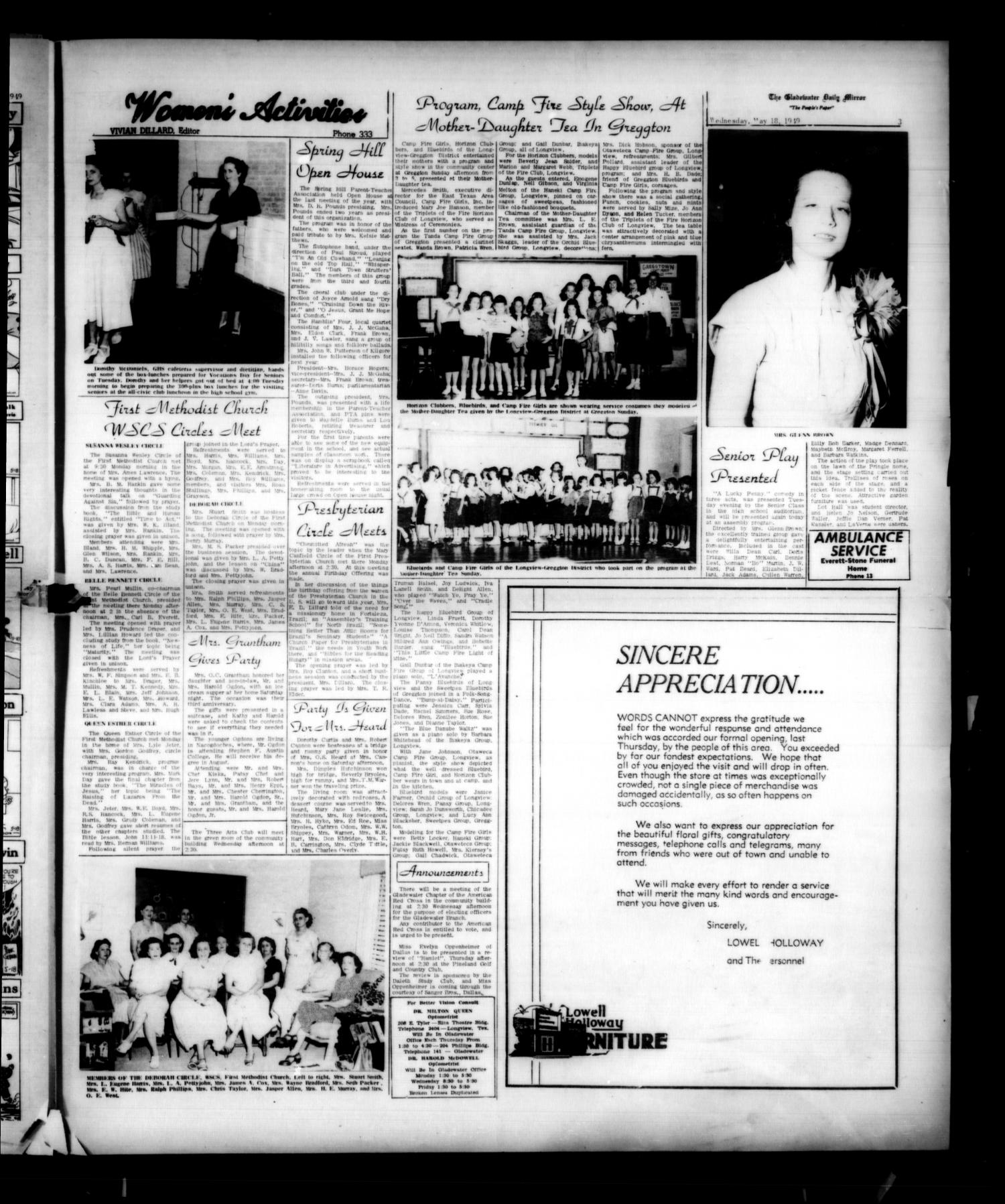 Gladewater Daily Mirror (Gladewater, Tex.), Vol. 1, No. 53, Ed. 1 Wednesday, May 18, 1949
                                                
                                                    [Sequence #]: 5 of 6
                                                