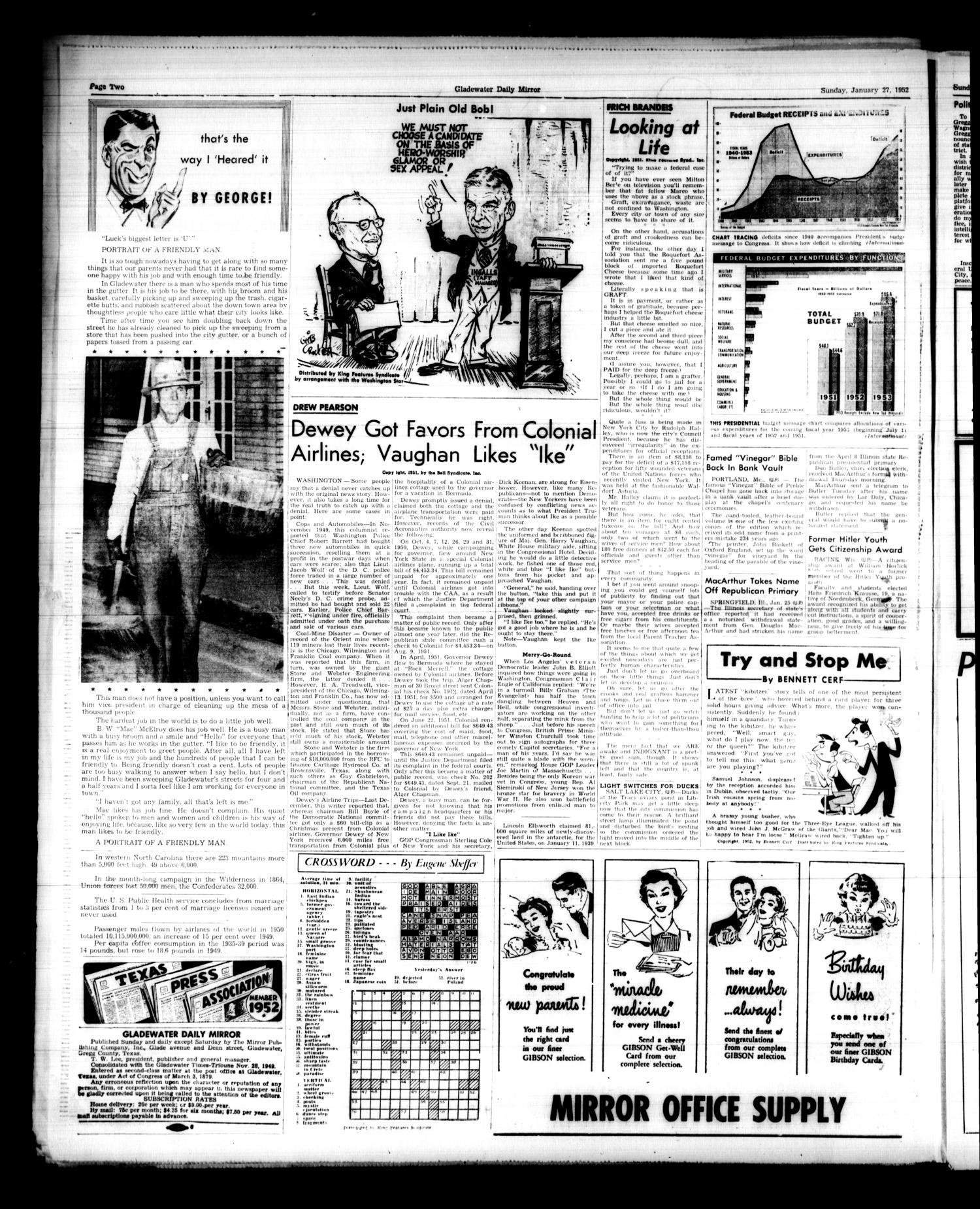 Gladewater Daily Mirror (Gladewater, Tex.), Vol. 3, No. 161, Ed. 1 Sunday, January 27, 1952
                                                
                                                    [Sequence #]: 2 of 14
                                                