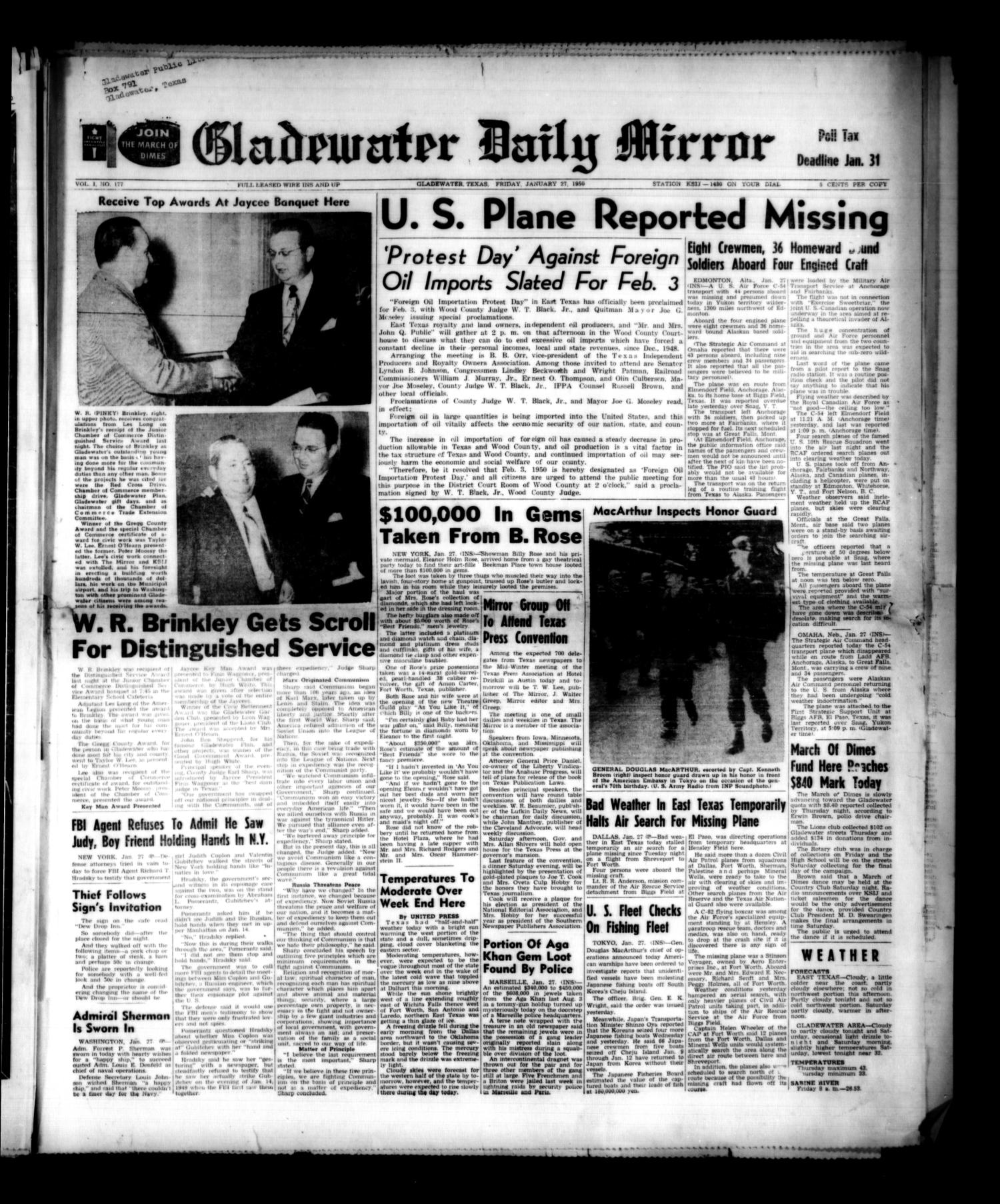 Gladewater Daily Mirror (Gladewater, Tex.), Vol. 1, No. 177, Ed. 1 Friday, January 27, 1950
                                                
                                                    [Sequence #]: 1 of 8
                                                