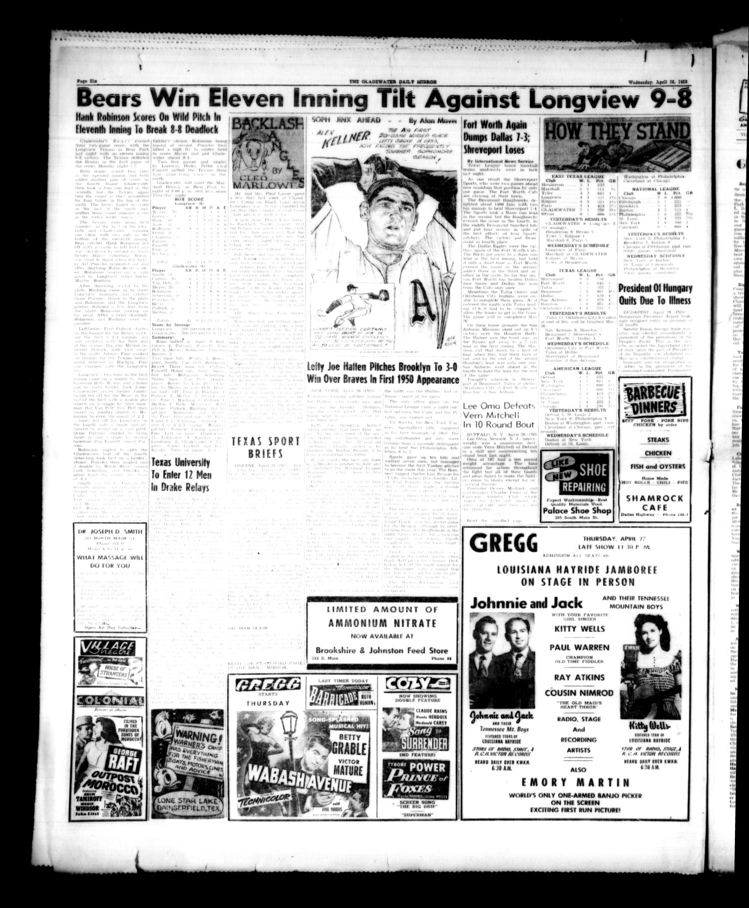 Gladewater Daily Mirror (Gladewater, Tex.), Vol. 2, No. 33, Ed. 1 Wednesday, April 26, 1950
                                                
                                                    [Sequence #]: 6 of 6
                                                