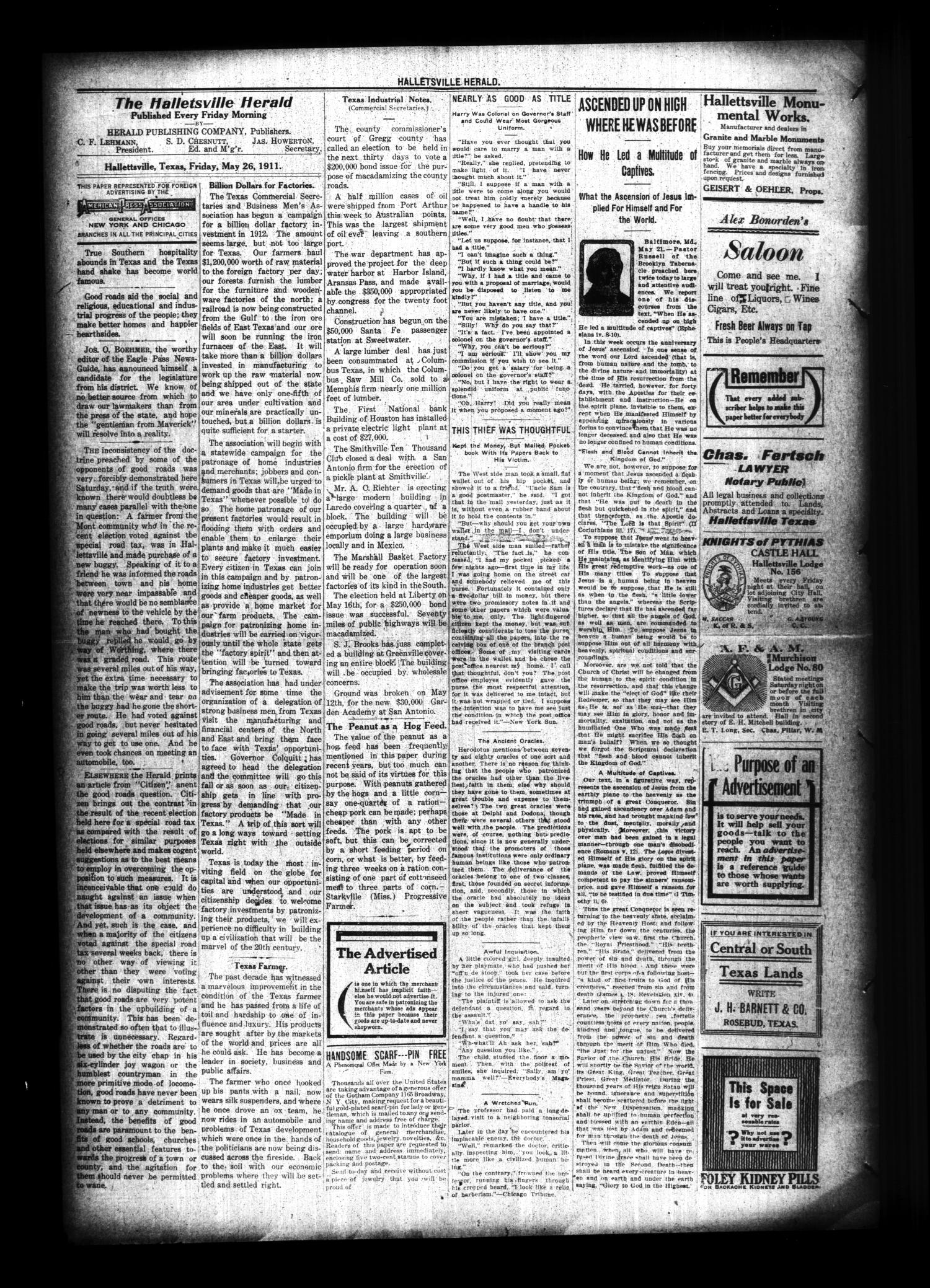 Halletsville Herald. (Hallettsville, Tex.), Vol. 40, No. 8, Ed. 1 Friday, May 26, 1911
                                                
                                                    [Sequence #]: 4 of 8
                                                
