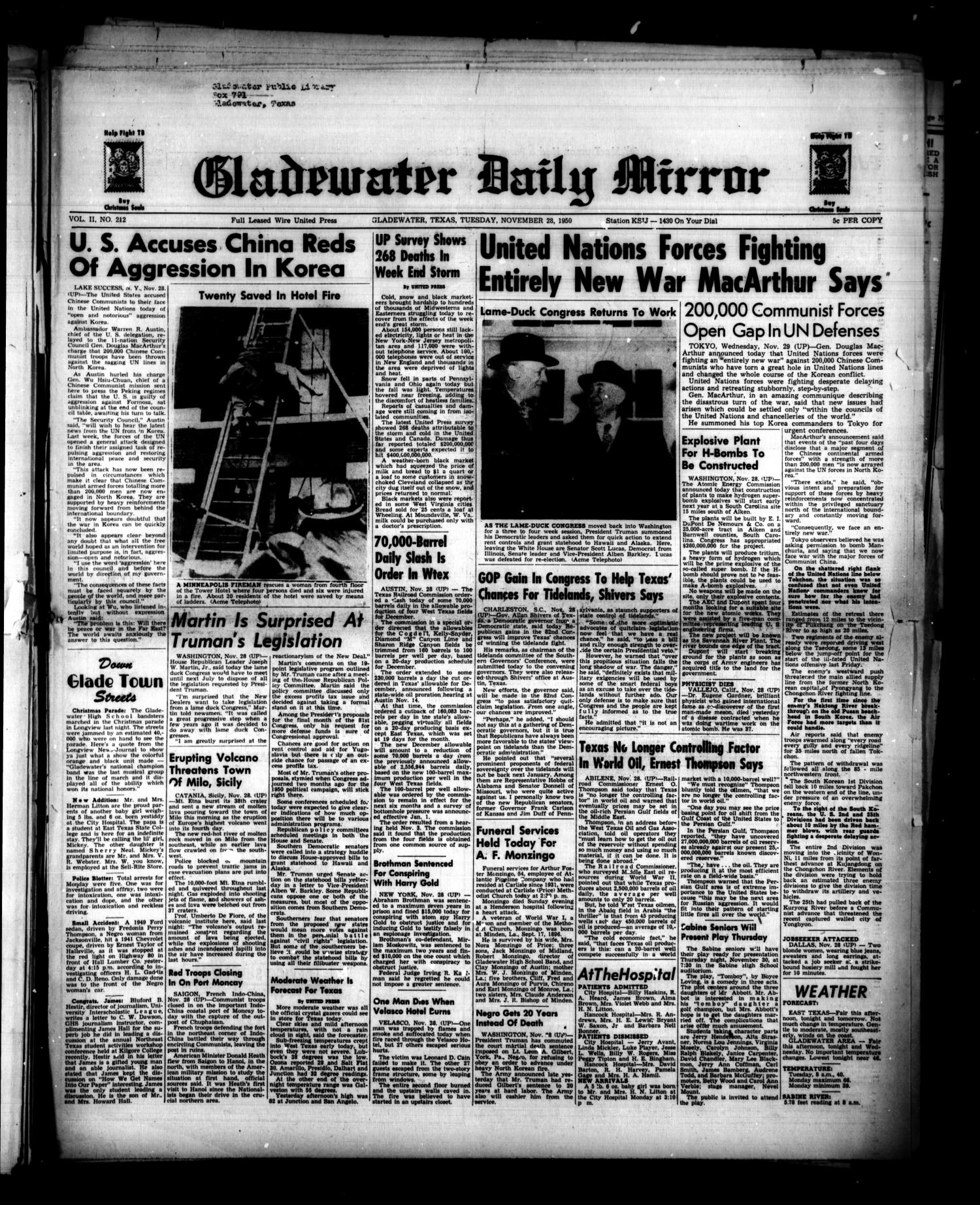 Gladewater Daily Mirror (Gladewater, Tex.), Vol. 2, No. 212, Ed. 1 Tuesday, November 28, 1950
                                                
                                                    [Sequence #]: 1 of 6
                                                