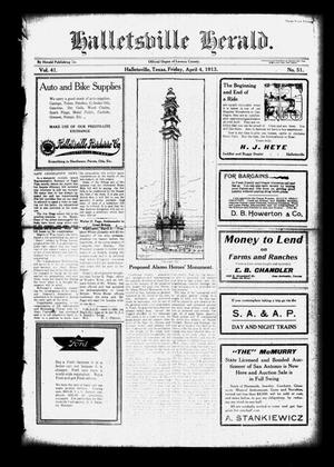 Primary view of object titled 'Halletsville Herald. (Hallettsville, Tex.), Vol. 41, No. 51, Ed. 1 Friday, April 4, 1913'.
