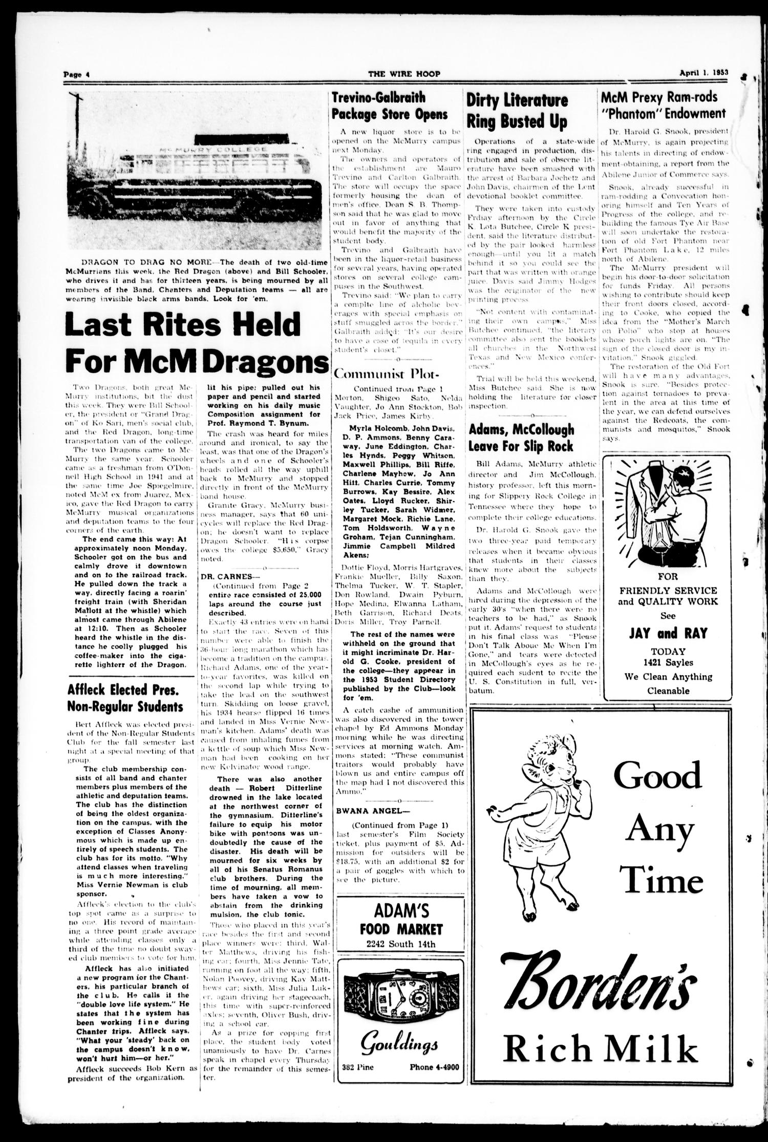 The War Whoop (Abilene, Tex.), Vol. 30, Ed. 1, Wednesday, April 1, 1953
                                                
                                                    [Sequence #]: 4 of 4
                                                