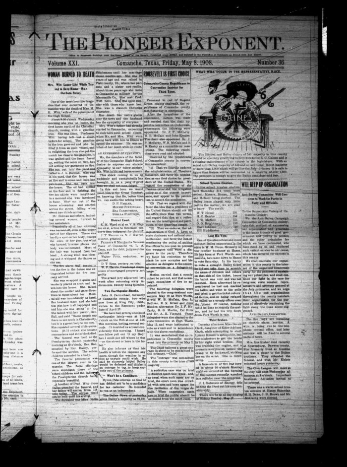 The Pioneer Exponent Comanche Tex Vol 21 No 36 Ed 1 Friday May 8 1908 The Portal To Texas History