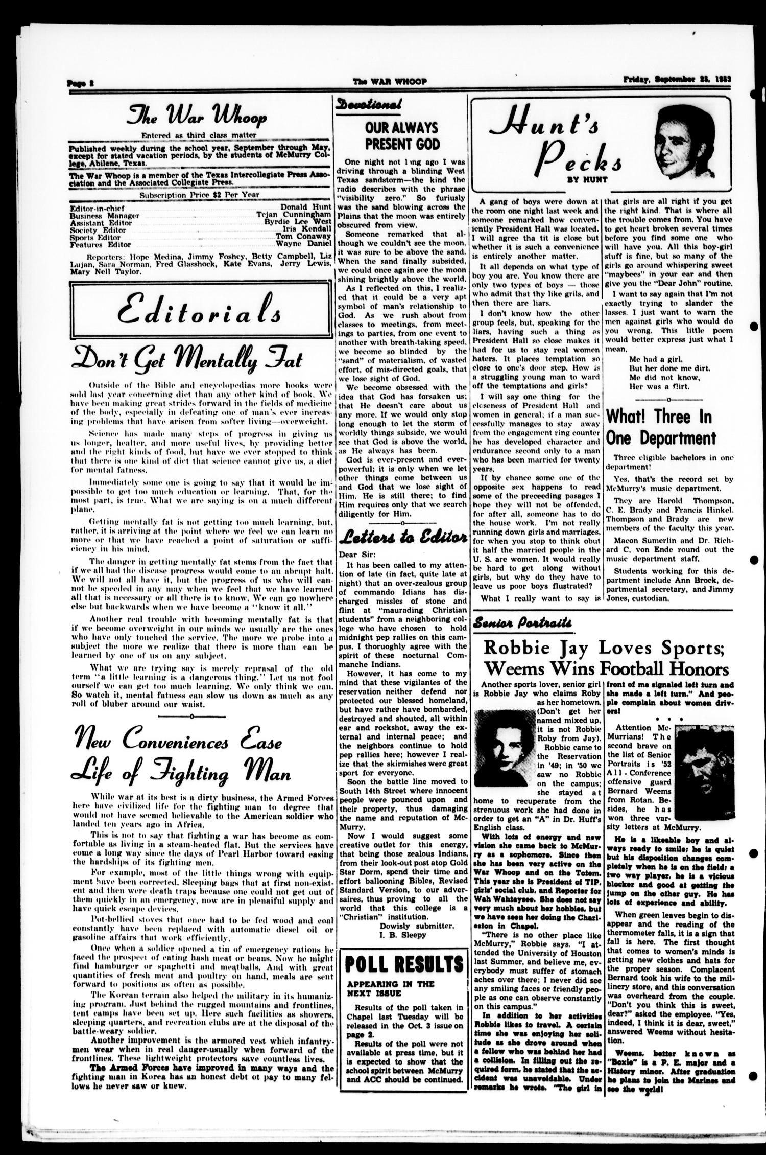 The War Whoop (Abilene, Tex.), Vol. 31, No. 3, Ed. 1, Friday, September 25, 1953
                                                
                                                    [Sequence #]: 2 of 6
                                                