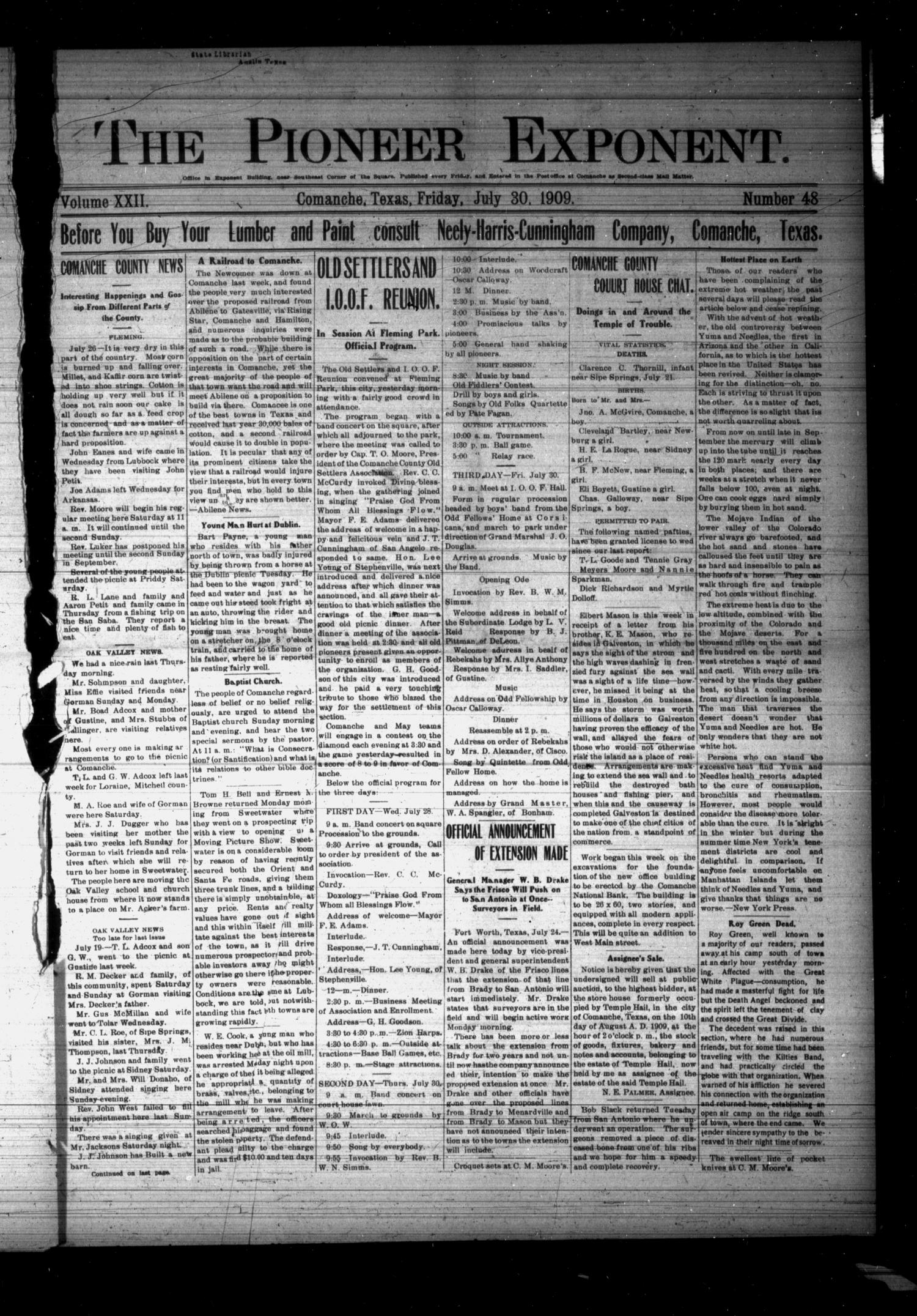 The Pioneer Exponent. (Comanche, Tex.), Vol. 22, No. 48, Ed. 1 Friday, July 30, 1909
                                                
                                                    [Sequence #]: 1 of 8
                                                