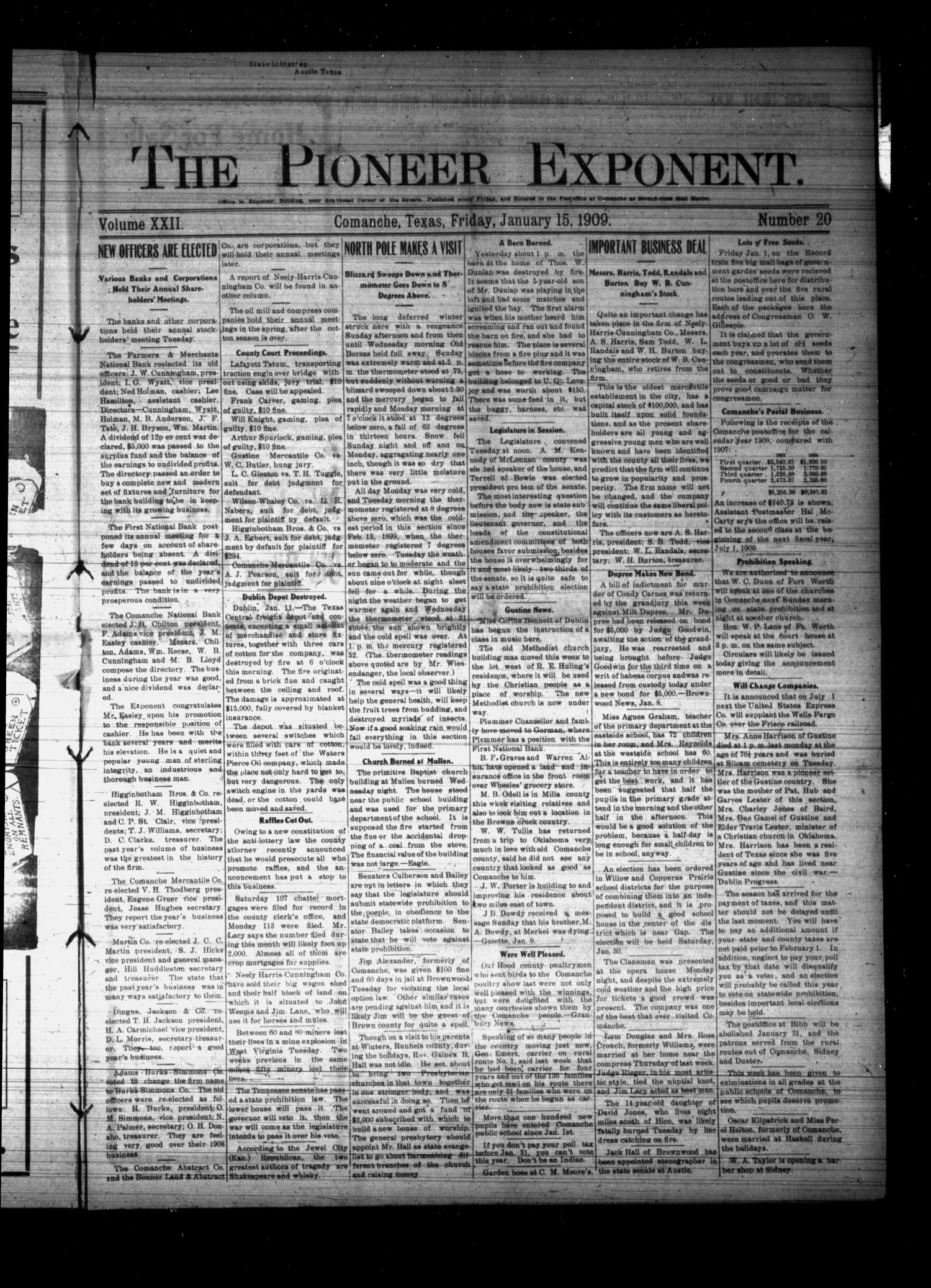 The Pioneer Exponent. (Comanche, Tex.), Vol. 22, No. 20, Ed. 1 Friday, January 15, 1909
                                                
                                                    [Sequence #]: 1 of 8
                                                