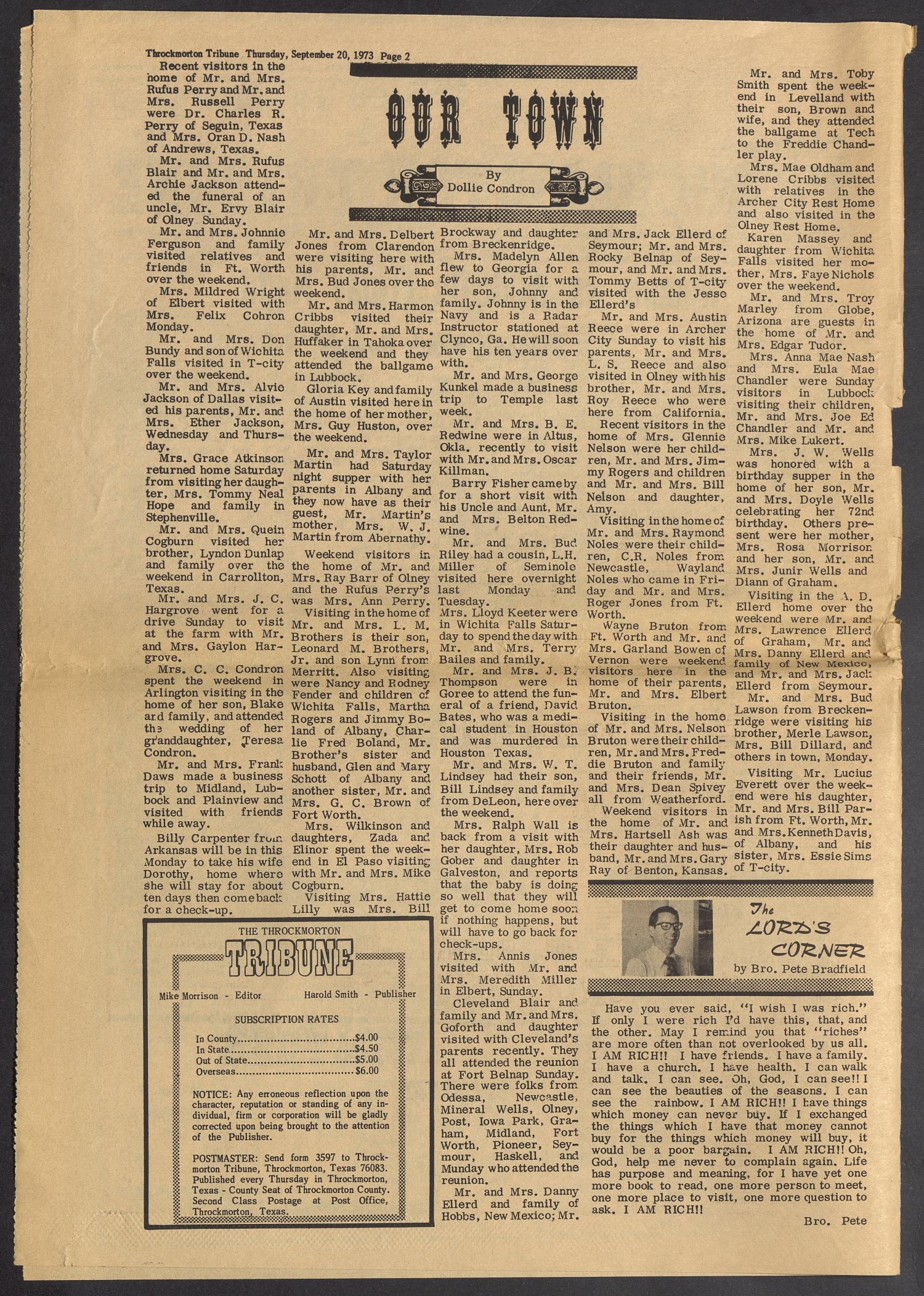 Throckmorton Tribune (Throckmorton, Tex.), Vol. 84, No. 6, Ed. 1 Thursday, September 20, 1973
                                                
                                                    [Sequence #]: 2 of 16
                                                