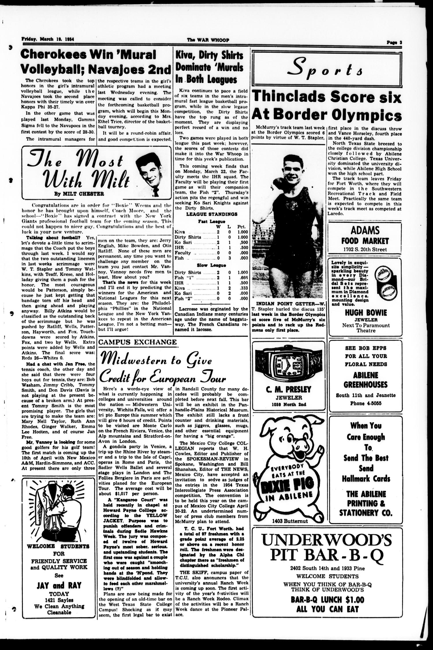 The War Whoop (Abilene, Tex.), Vol. 31, No. 22, Ed. 1, Friday, March 19, 1954
                                                
                                                    [Sequence #]: 3 of 4
                                                