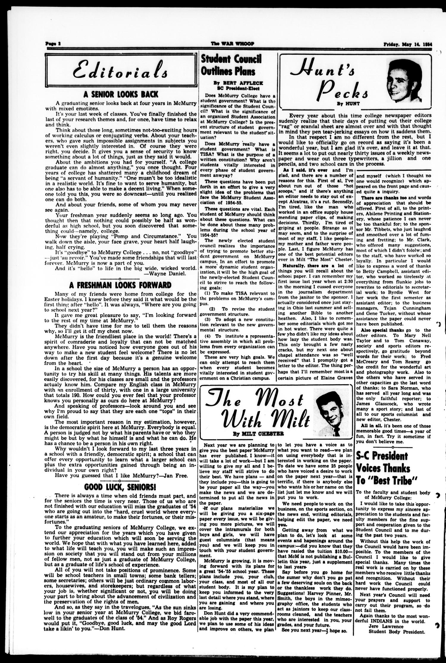 The War Whoop (Abilene, Tex.), Vol. 31, No. 27, Ed. 1, Friday, May 14, 1954
                                                
                                                    [Sequence #]: 2 of 6
                                                