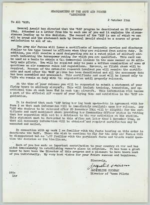 [Letter from Jacqueline Cochran to WASP, October 2, 1944]