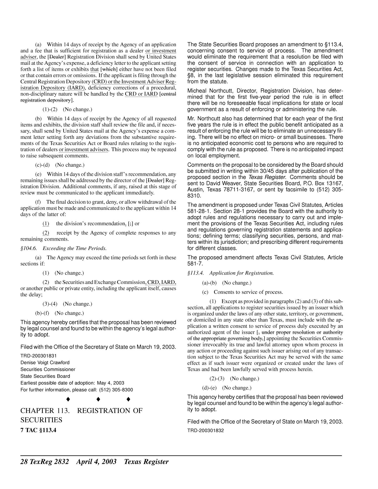 Texas Register, Volume 28, Number 14, Pages 2821-2988, April 4, 2003
                                                
                                                    2832
                                                
