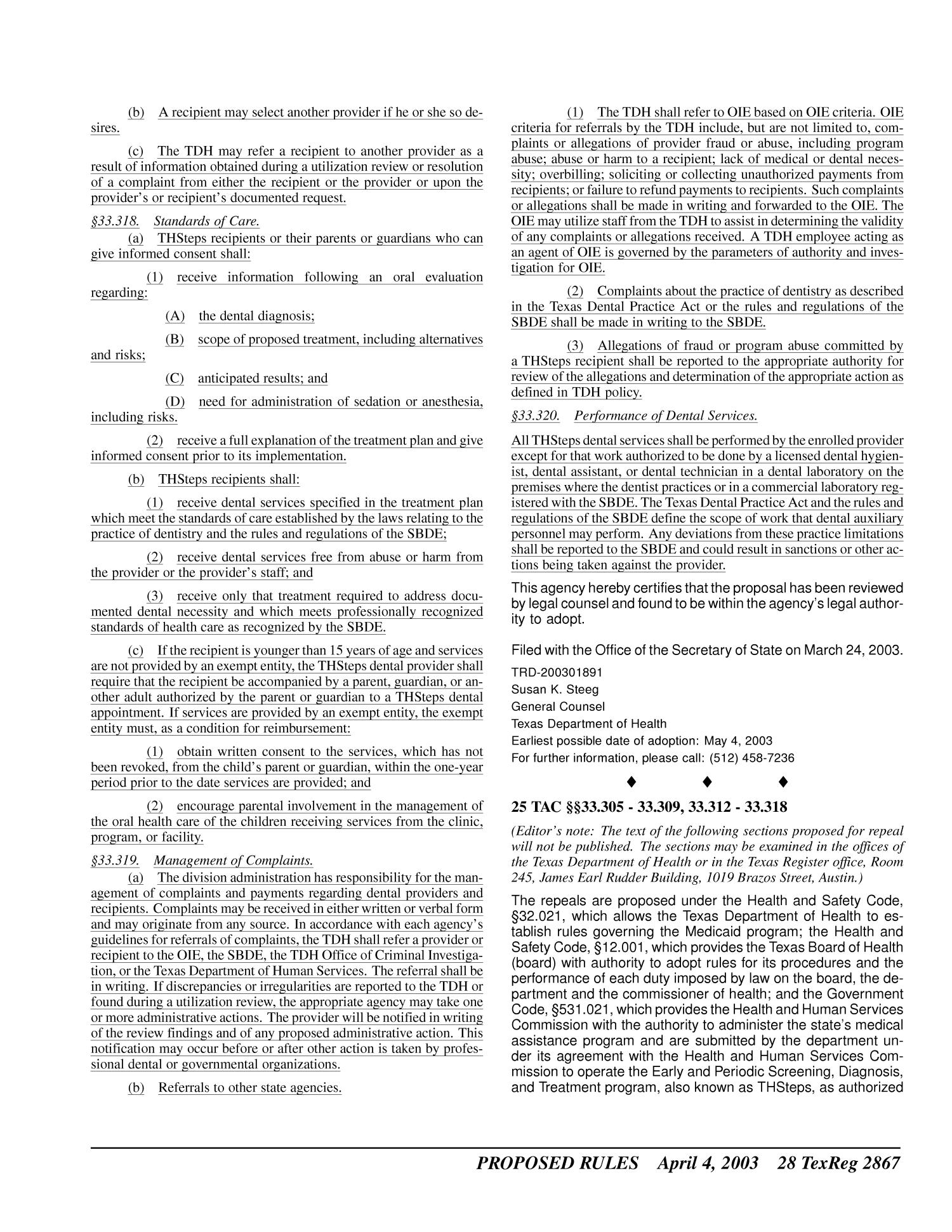 Texas Register, Volume 28, Number 14, Pages 2821-2988, April 4, 2003
                                                
                                                    2867
                                                