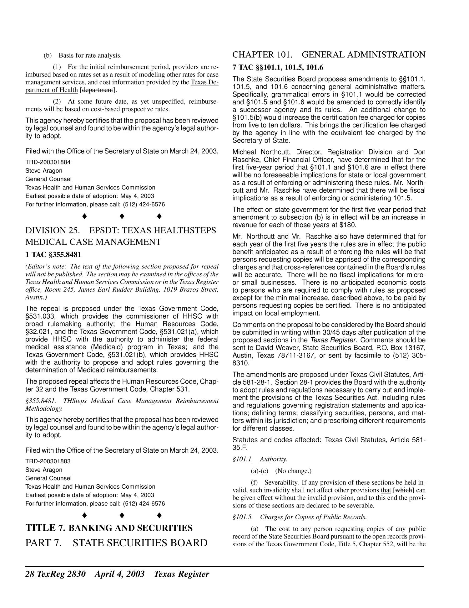 Texas Register, Volume 28, Number 14, Pages 2821-2988, April 4, 2003
                                                
                                                    2830
                                                