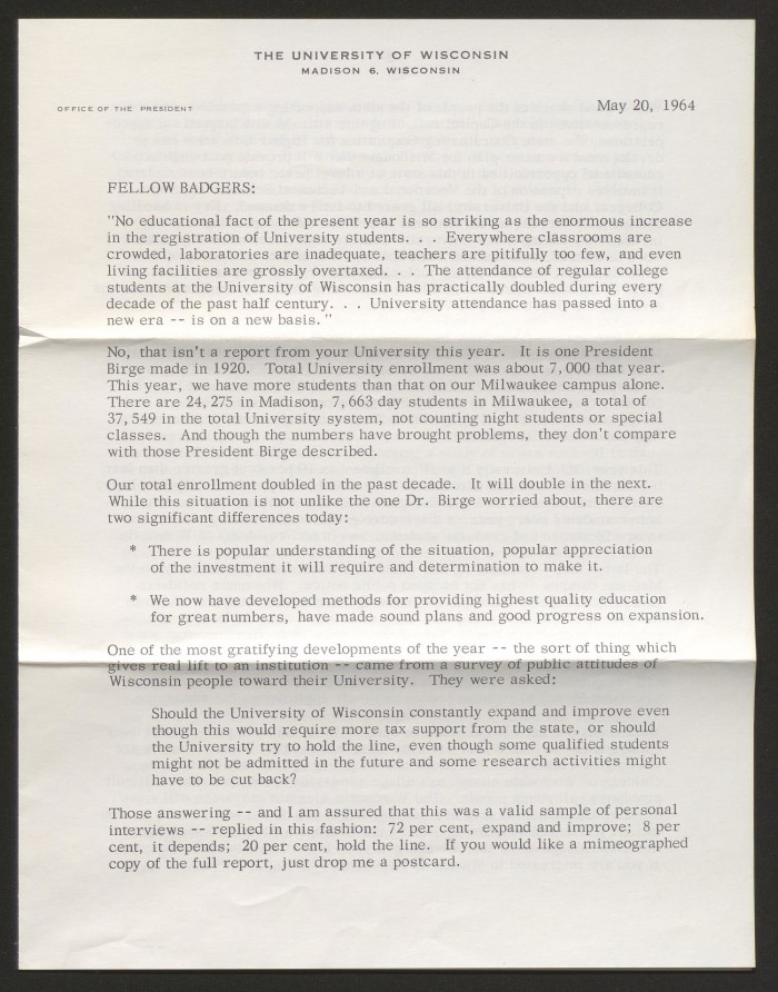 Letter From Fred Harrington To University S Students May 20 1964