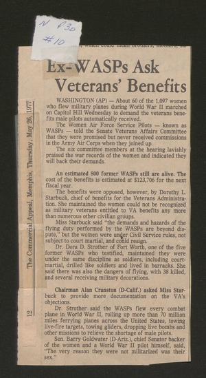 Primary view of object titled '[Clipping: "Ex-WASPs Ask Veterans' Benefits"]'.