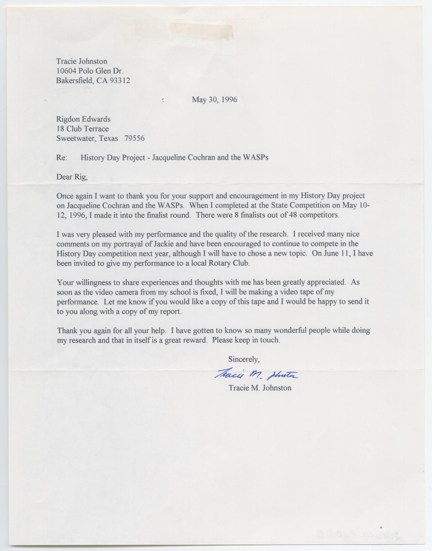 [Letter from Tracie Johnston to Rigdon Edwards, May 30, 1996]
                                                
                                                    [Sequence #]: 1 of 2
                                                