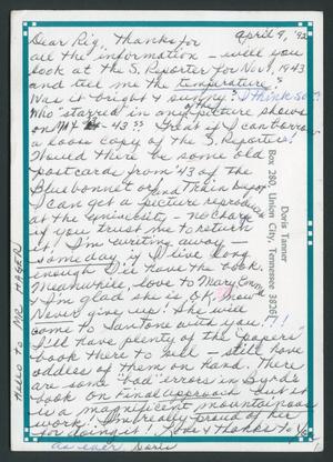 Primary view of object titled '[Letter from Doris Tanner to Rigdon Edwards, April 9, 1992]'.