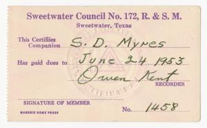 Primary view of object titled '[Sam Myres' Sweetwater Council Membership Card]'.