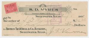 [Check from J. F. Newman to Sam Myres, August 1, 1899]
