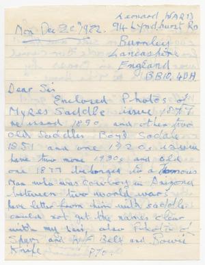[Letter from Leonard Ward to the S. D. Myres Saddle Company, December 20, 1922]