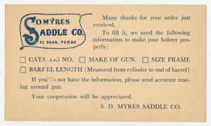 Primary view of object titled '[S. D. Myres Saddle Company Order Card #1]'.