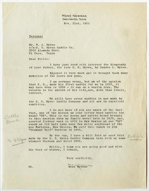 Primary view of object titled '[Letter from Mose Newman to Bill Myres, November 21, 1961'.