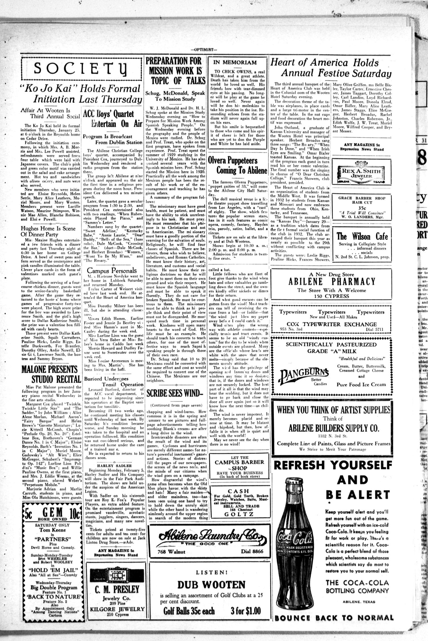 The Optimist (Abilene, Tex.), Vol. 21, No. 17, Ed. 1, Thursday, February 1, 1934
                                                
                                                    [Sequence #]: 3 of 4
                                                