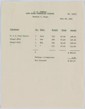 [Invoice for One Bull, One Cow, and Two Yearlings Sold by C. B. Johnson Live Stock Commission Company]