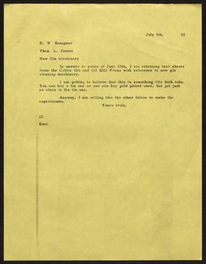 [Letter from D. W. Kempner to T. L. James, July 6, 1950]