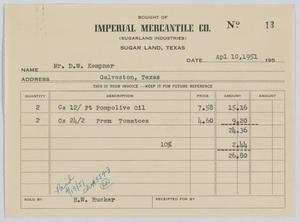 [Invoice for Two Cases of Pompeian Olive Oil and Two Cases of Premium Tomatoes Sold to D. W. Kempner]