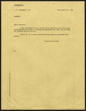 [Letter from D. W. Kempner to I. H. Kempner Jr., December 24, 1951]