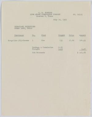 [Invoice for One Cow Sold by C. B. Johnson Live Stock Commission Company]