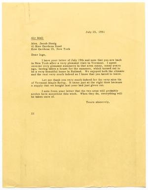 Primary view of object titled '[Letter from D. W. Kempner to Mrs. Jacob Honig, July 23, 1951]'.