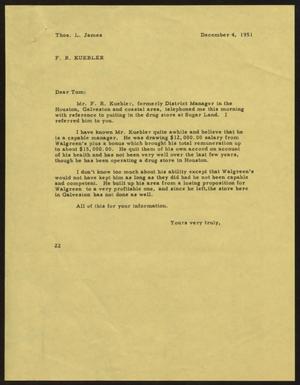 [Letter from D. W. Kempner to Thos. L. James, December 4, 1951]