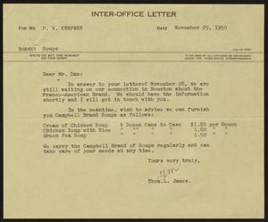 [Letter from T. L. James to D. W. Kempner, November 29, 1950]