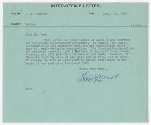 [Letter from T. L. James to D. W. Kempner, April 13, 1949]