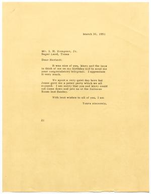 [Letter from D. W. Kempner to I. H. Kempner, Jr., March 30, 1951]