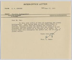 Primary view of object titled '[Inter-Office Letter from T. L. James to D. W. Kempner, June 27, 1951]'.