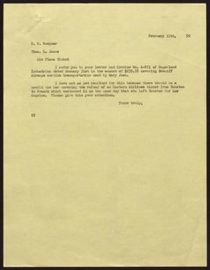 Primary view of object titled '[Letter from D. W. Kempner to T. L. James, February 11, 1950]'.
