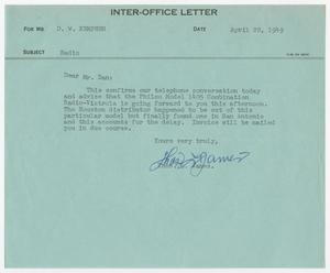 [Letter from T. L. James to D. W. Kempner, April 22, 1949]