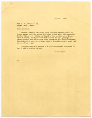 [Letter from D. W. Kempner to I. H. Kempner, Jr., April 2, 1951]