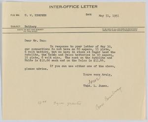 [Letter from T. L. James to D. W. Kempner, May 31, 1951]
