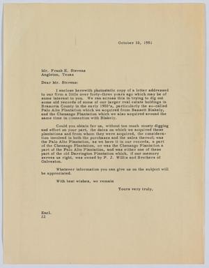 [Letter from D. W. Kempner to Frank K. Stevens, October 10, 1951]