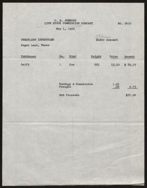 [Invoice for One Cow Sold by C. B. Johnson Live Stock Commission Company]